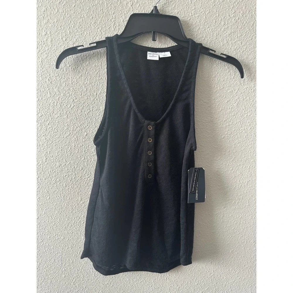 Melrose & Market Women Tank Top Sleeveless V Neck Black Button Front - Picture 10 of 15